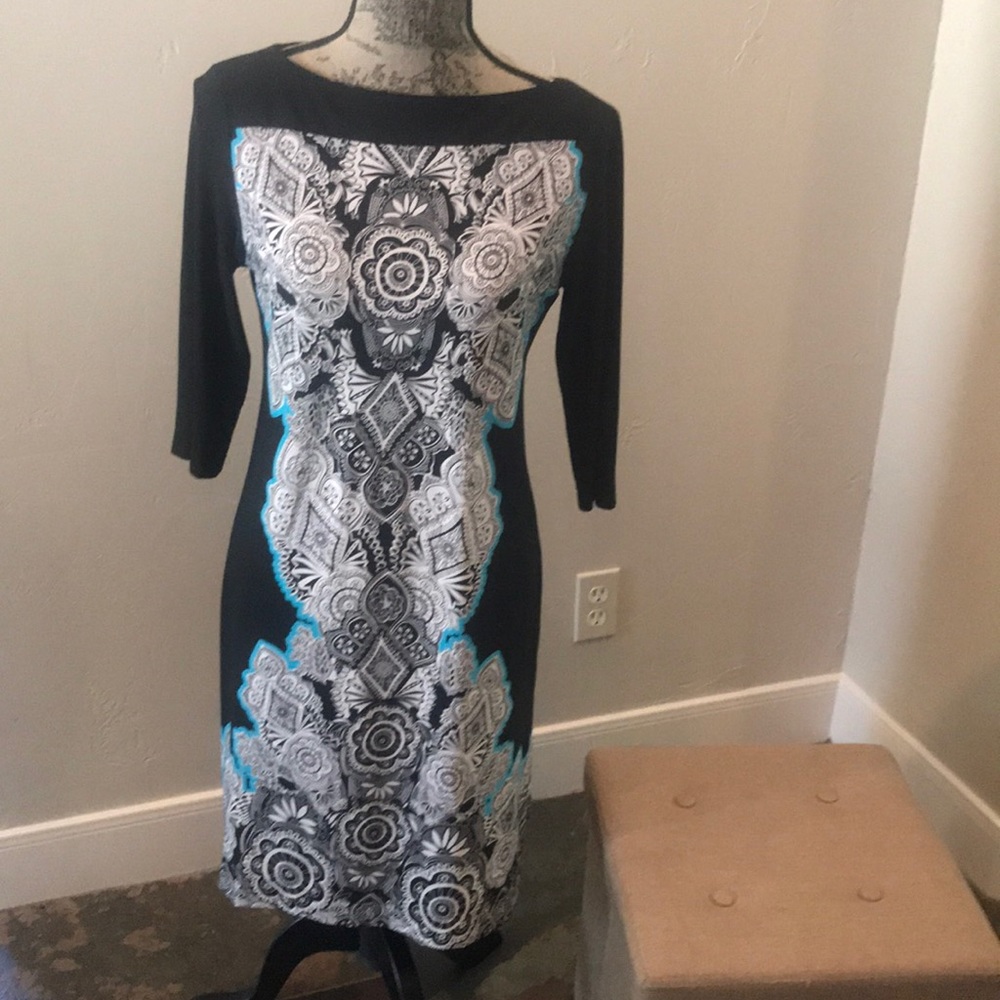 Boho black white & turquoise above the knee dress